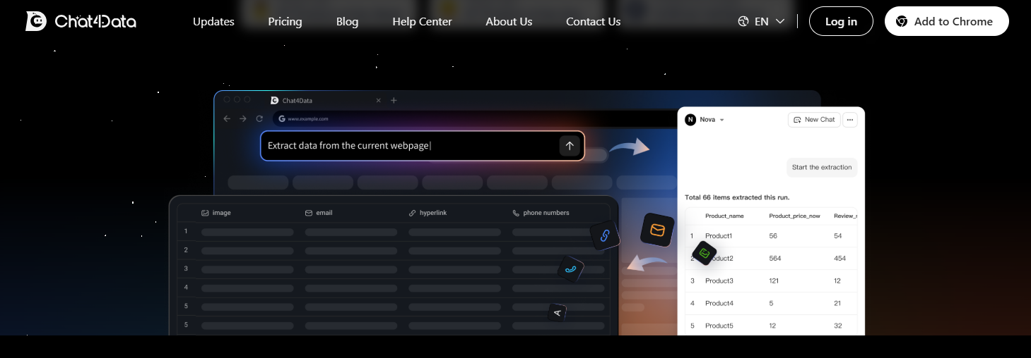 Chat4Data homepage interface with updates, pricing, blog, help, about, contact information, and add web extension options